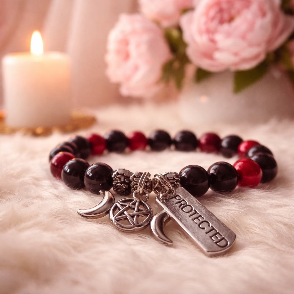 Gothic Red and Black Beaded Bracelet with Silver Charms